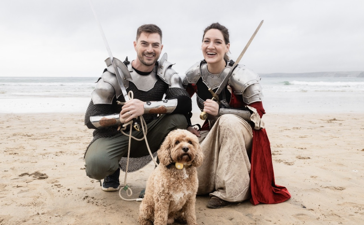 Kellsie, David, and Leo in armour on the Isle of Skye